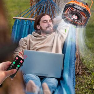 Ventilador P10 con motor sin escobillas, LED con 16 luces, 4 velocidades, 3 niveles de luz y 3 temporizadores. Incluye mando y powerbank de 7800 mAh.