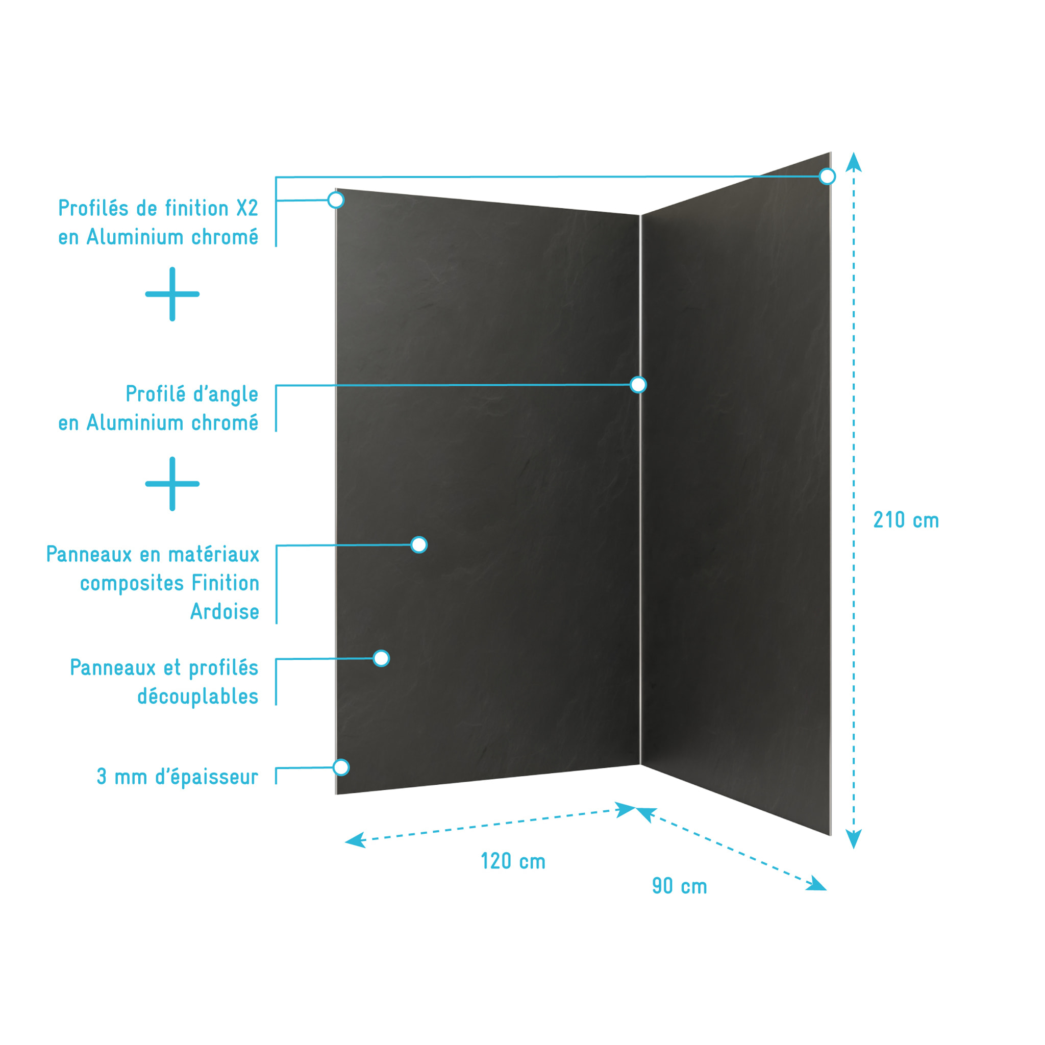 Pack 2 Panneaux Muraux Pierre Adoise 120+90x210 cm + Profilés Chrome