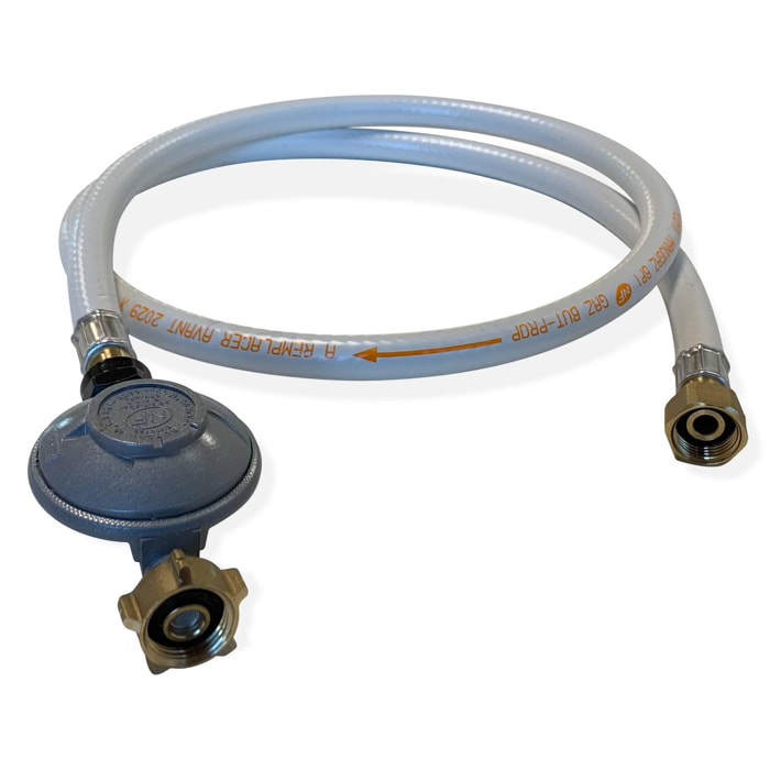 Kit Tuyau flexible de gaz 1.5 m à embouts mécaniques + Détendeur Butane 28mbar 1.3kg/h – Normes NF
