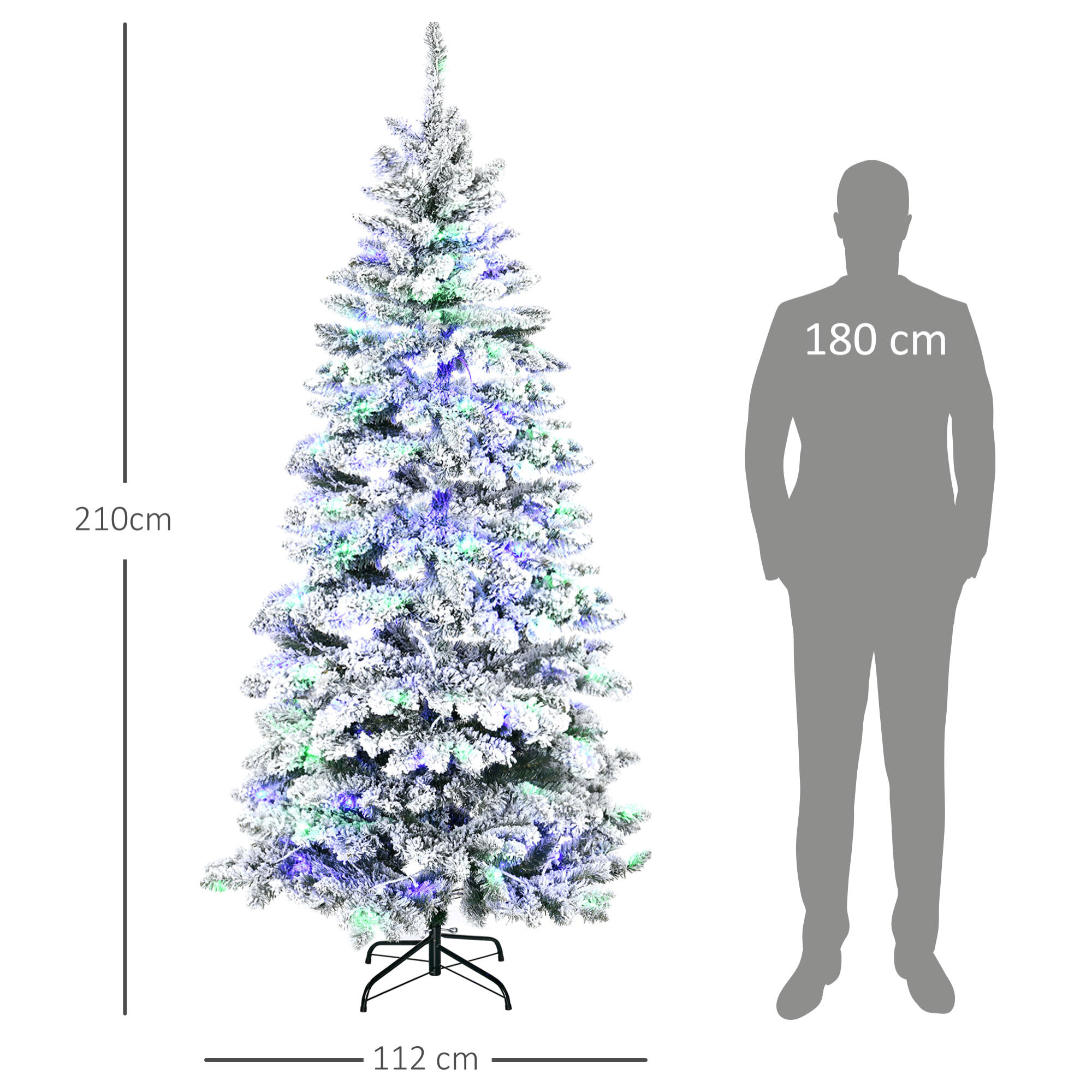 Sapin de Noël artificiel enneigé lumineux LED x 250 multicolore Ø 112 x 210H cm 829 branches vert blanc