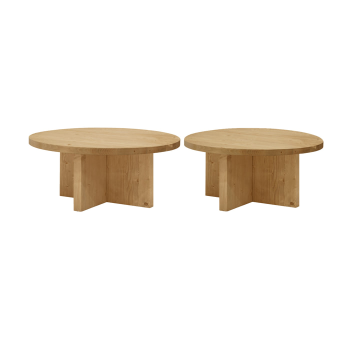 Pack 2 tables basses rondes en bois massif ton chêne moyen 80x80cm Hauteur: 30 Longueur: 80 Largeur: 80