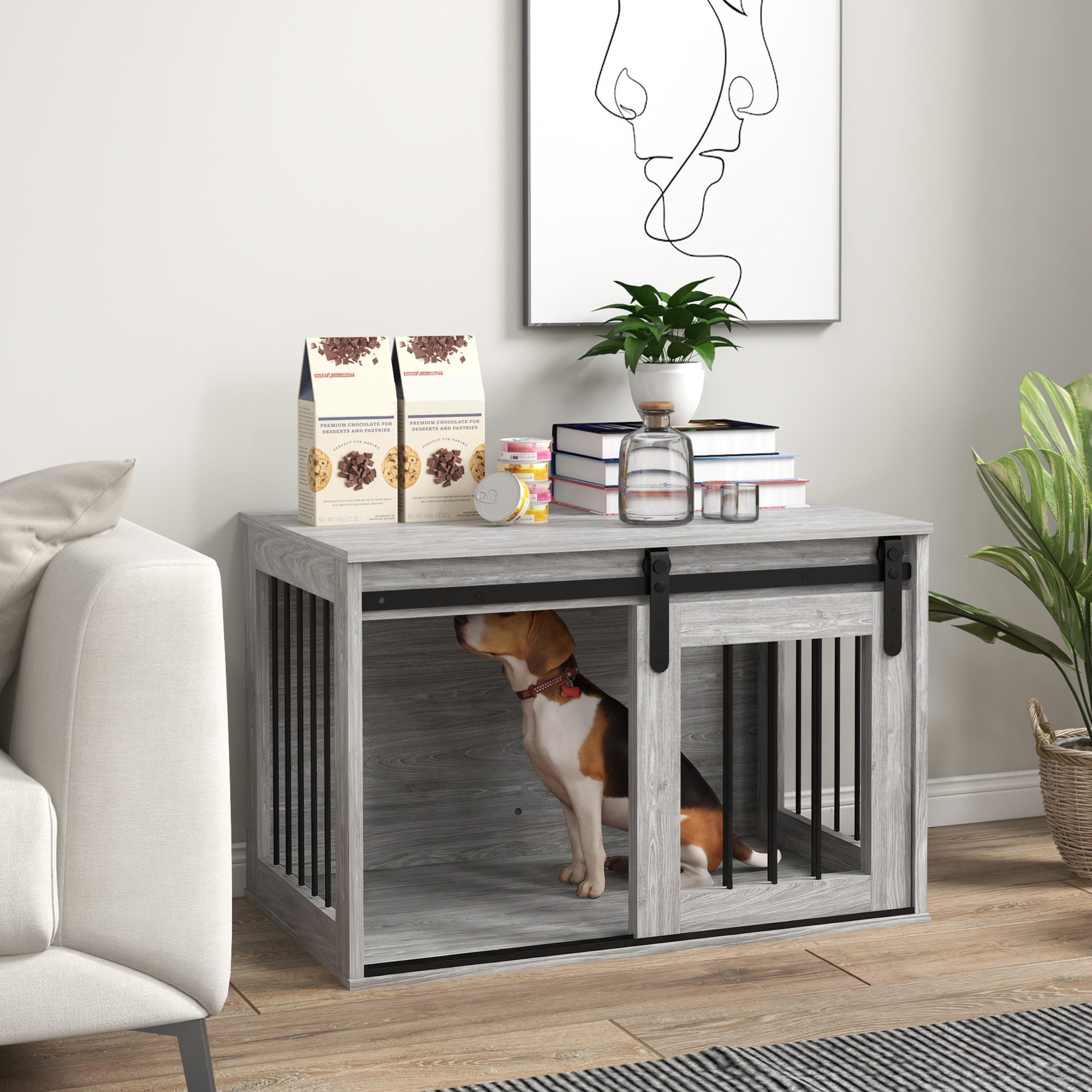 Cage pour chien animaux style industriel - porte coulissante verrouillable - acier noir aspect bois gris