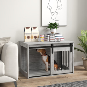 Cage pour chien animaux style industriel - porte coulissante verrouillable - acier noir aspect bois gris
