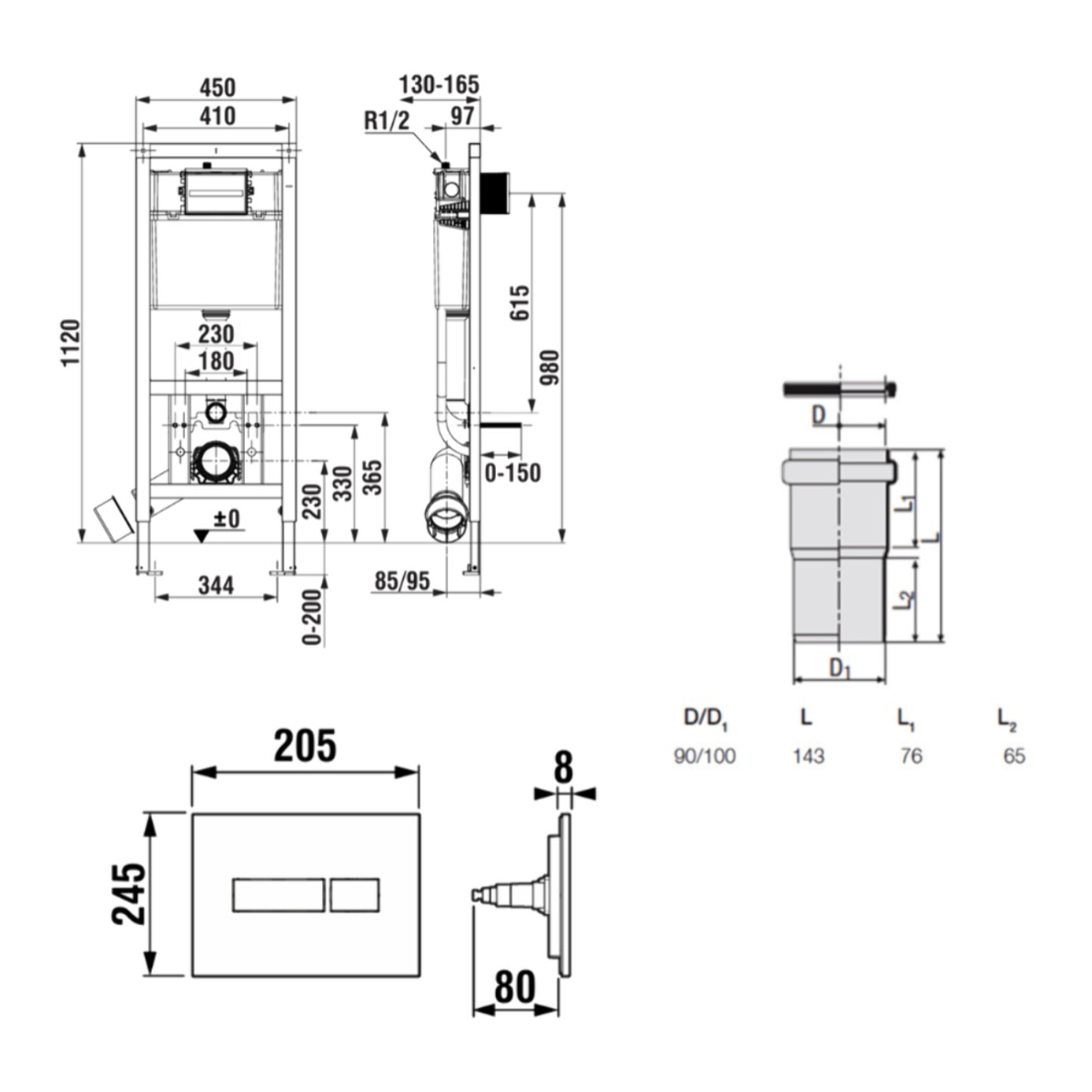 Bâti-support WC suspendu, installation sur cloison légère, hauteur 112 cm, chasse 2/4-6 L + plaque chrome (ROG01-FR)