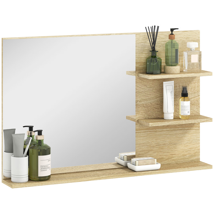 Espejo de Baño con 2 Estantes Laterales y Estante Inferior, Espejo de Pared, Estilo Moderno, para Entrada, Pasillo, 75x10x48 cm, Madera Natural