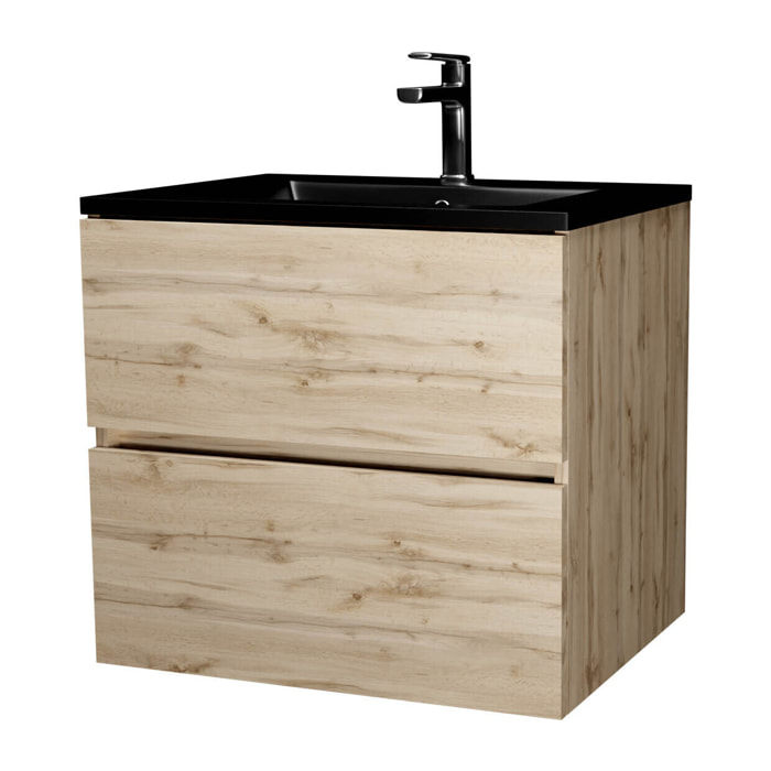 Meuble de salle de bains 60 cm 2 Tiroirs Chêne Naturel + Vasque Céramique Noire - TIMBER