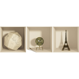 Stickers muraux 3D | Sticker Mural Autocollant effet 3D Monde, horloge et tour Eiffel - Stickers adhésifs 3D Chambre Salon Trompe l'oeil