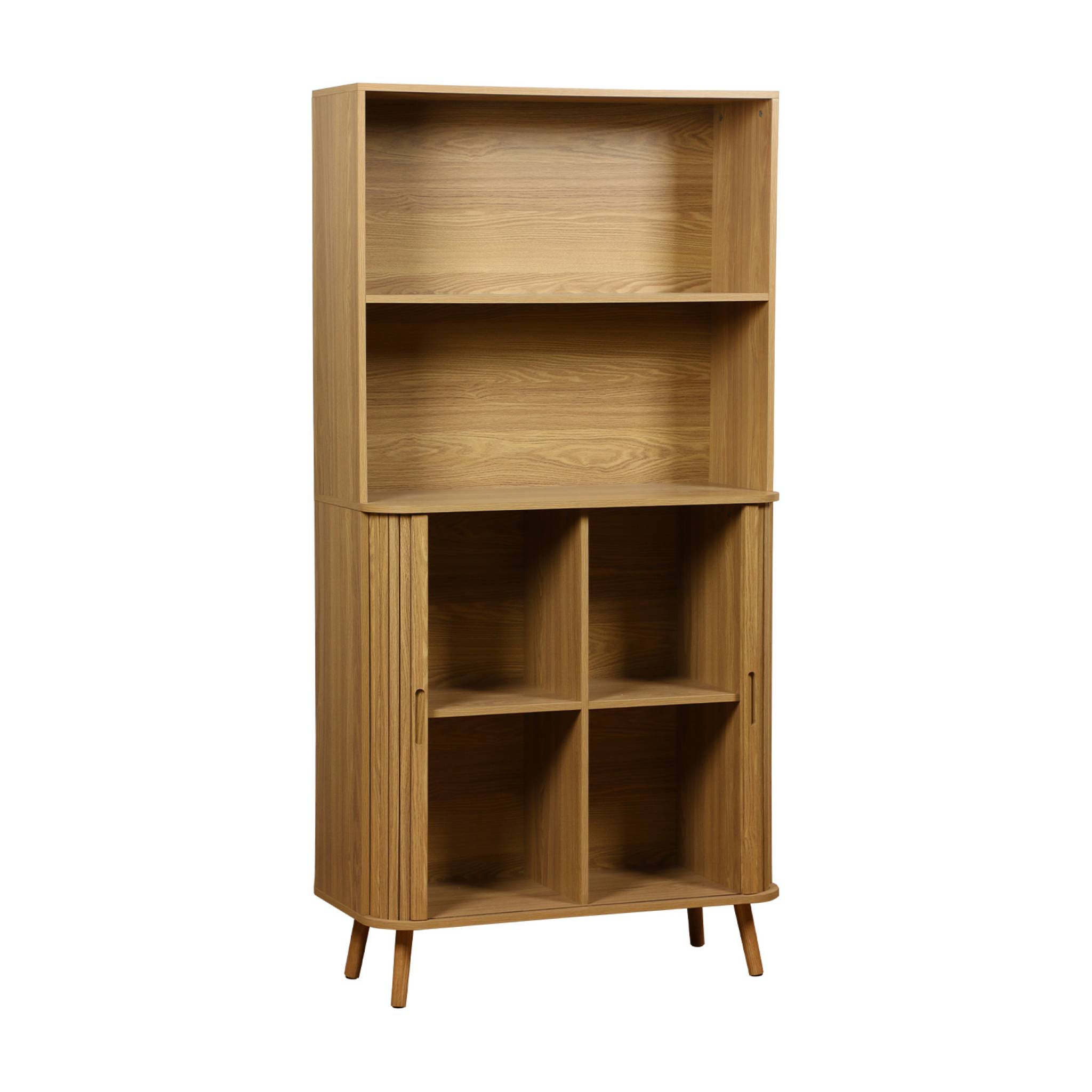 Etagère bibliothèque scandinave. 2 portes coulissantes. 4 niveaux. effet bois rainuré. L 80 x P 45 x H 180cm