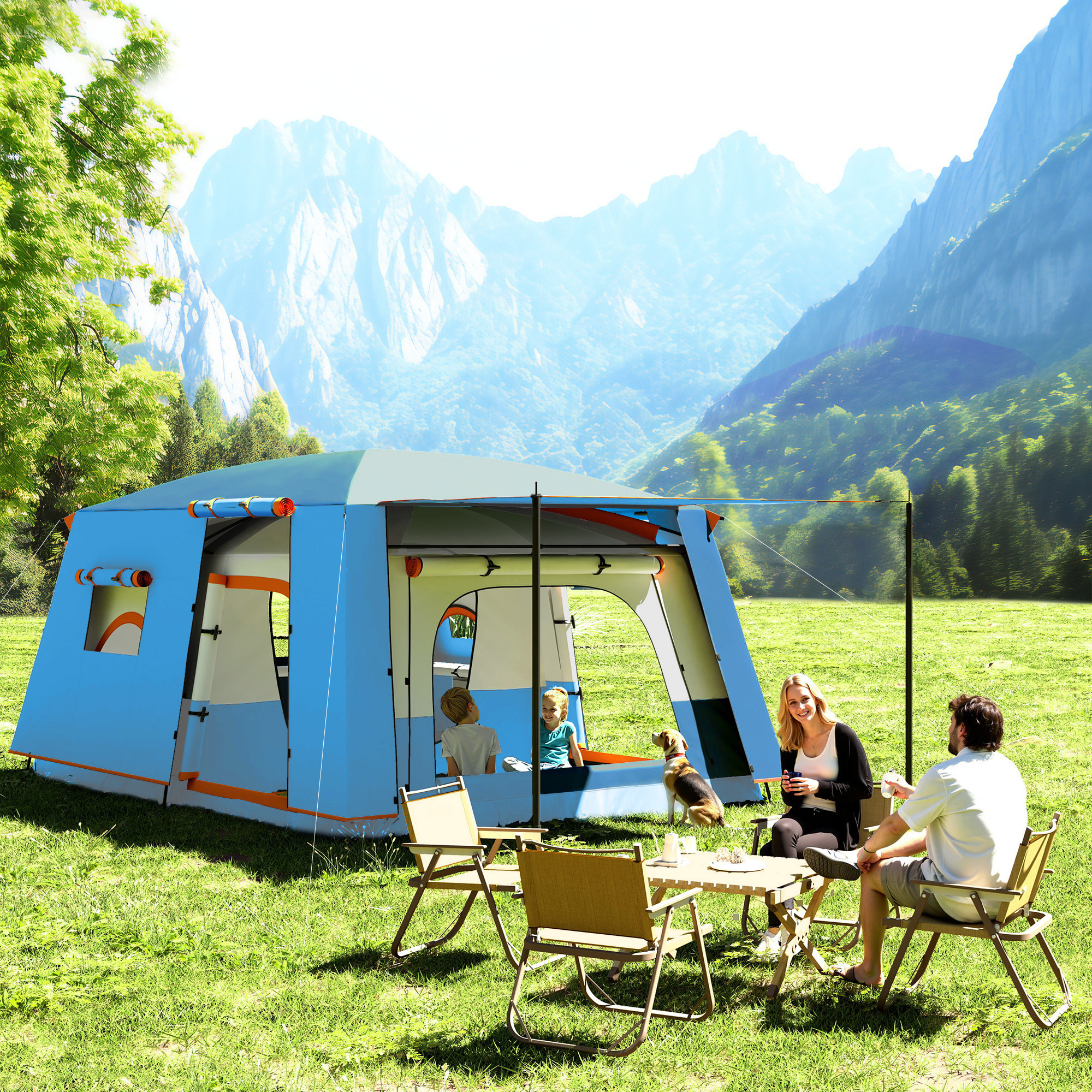 Tente de camping familiale 4-5 personnes - portes, fenêtres, sac de transport inclus - dim. 4,3 x 3 x 1,95 m - bleu