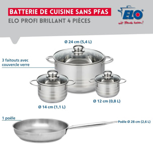 Ensemble de 1 Poêle de cuisson 28 cm et 3 faitouts 12, 14 et 24 cm Elo Profi Brillant