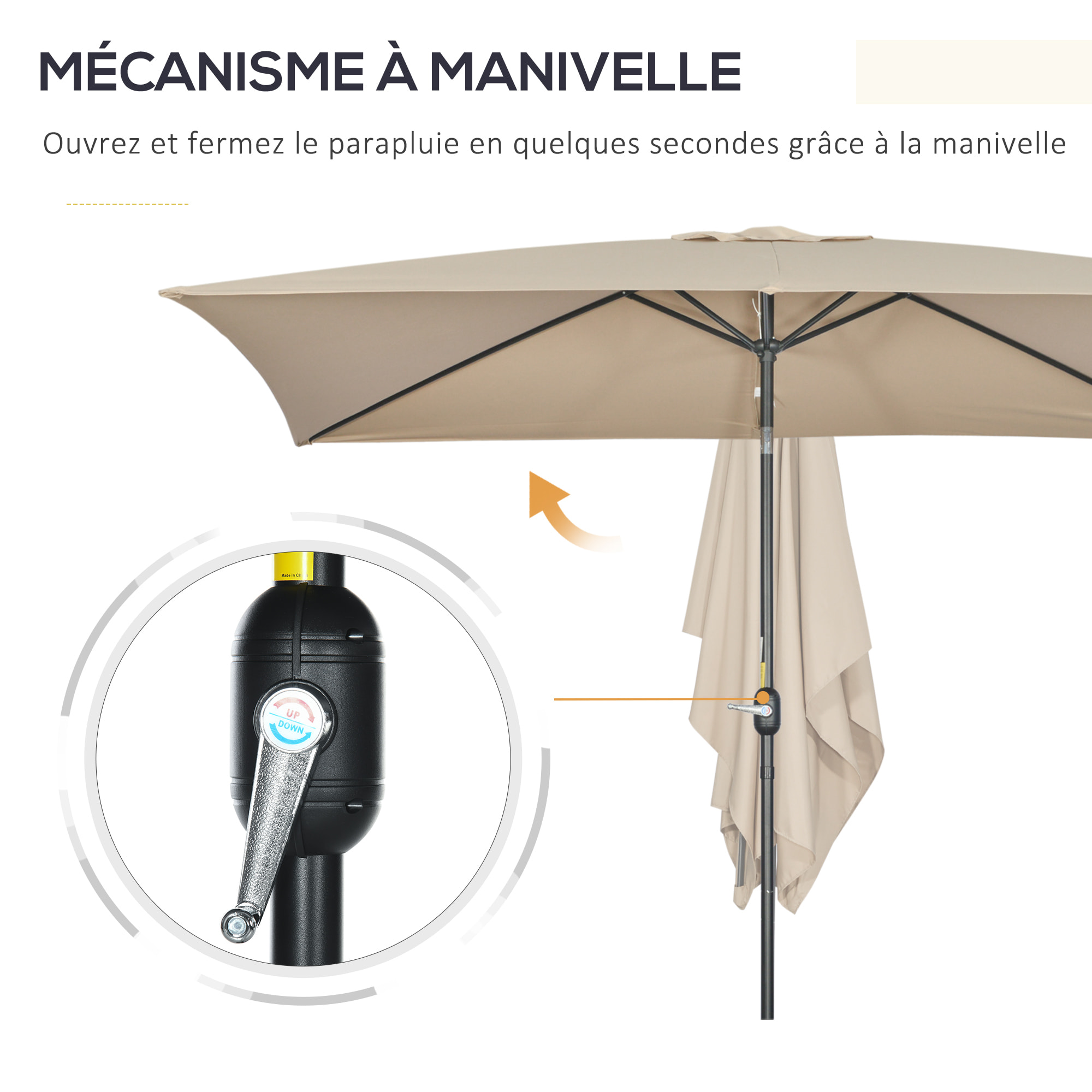 Parasol inclinable rectangulaire métal polyester haute densité 2,94L x 1,98l x 2,55H m kaki