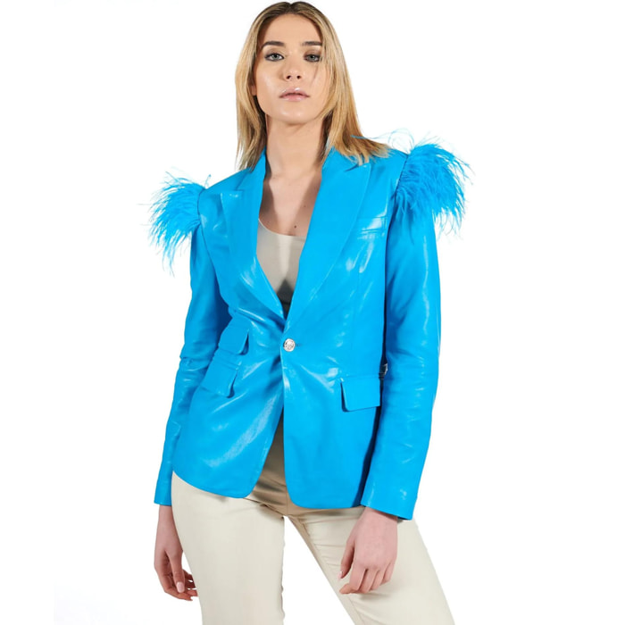 Giacca blazer in pelle naturale azzurra con piume