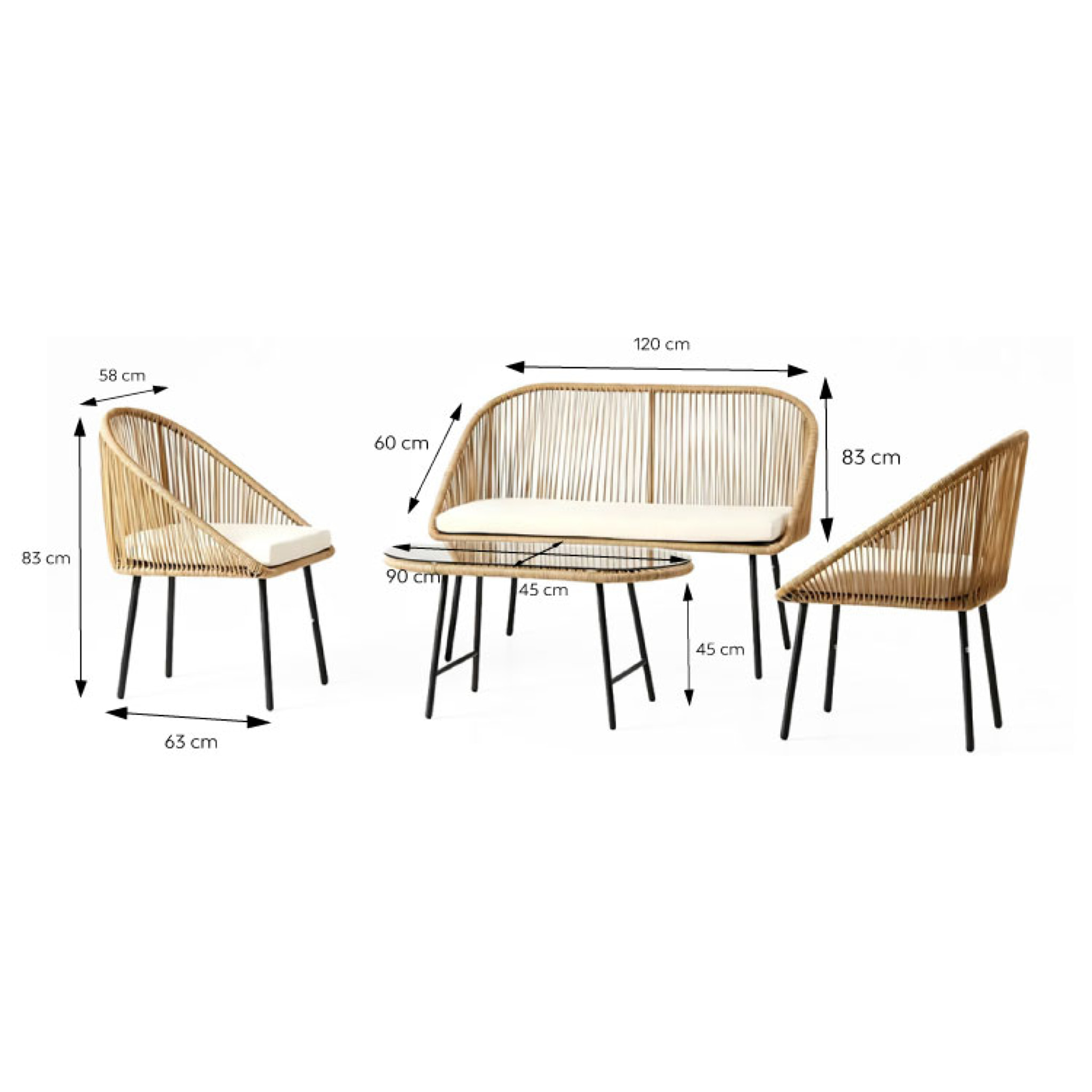 Salon de jardin 4 places avec table basse effet rotin naturel HELLO