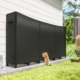 Estante de Leña Metálico, 235x31x116 cm, Leñero Exterior con Cubierta Impermeable 600D Oxford, Marco de Acero y Cadenas de Acero, Soporte para Leña de Chimenea, Almacenaje para Madera, Negro