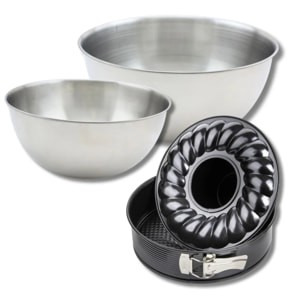 Lot comprenant 1 Moule à manqué et à savarin 26 cm, 1 spatule Zenker et 2 bols à mixer en inox Fackelmann