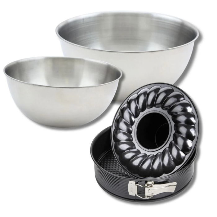 Lot comprenant 1 Moule à manqué et à savarin 26 cm, 1 spatule Zenker et 2 bols à mixer en inox Fackelmann