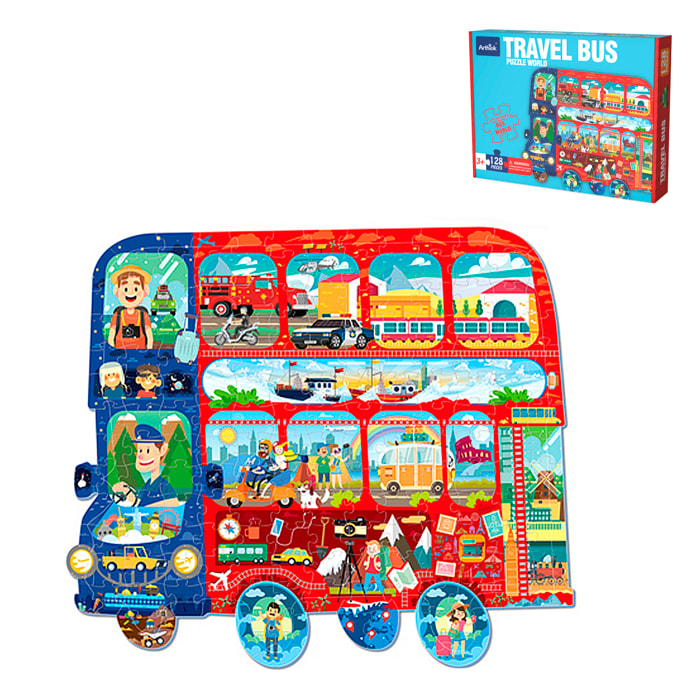 Puzzle di cartone con 128 pezzi. Design Autobus.