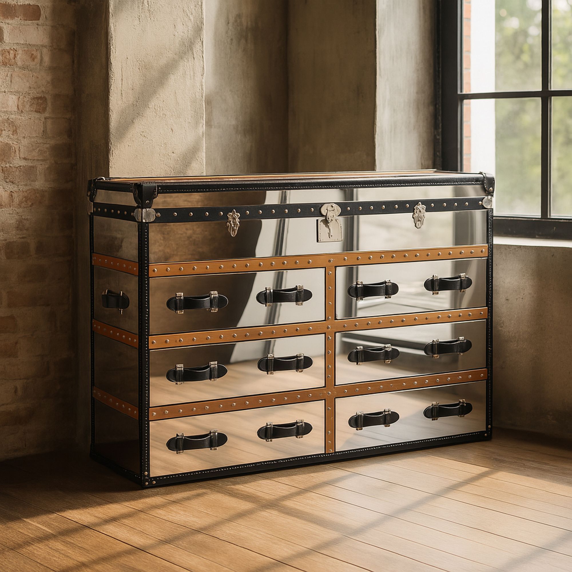 Commode 6 tiroirs en acier inoxydable et cuir  ILLIADE