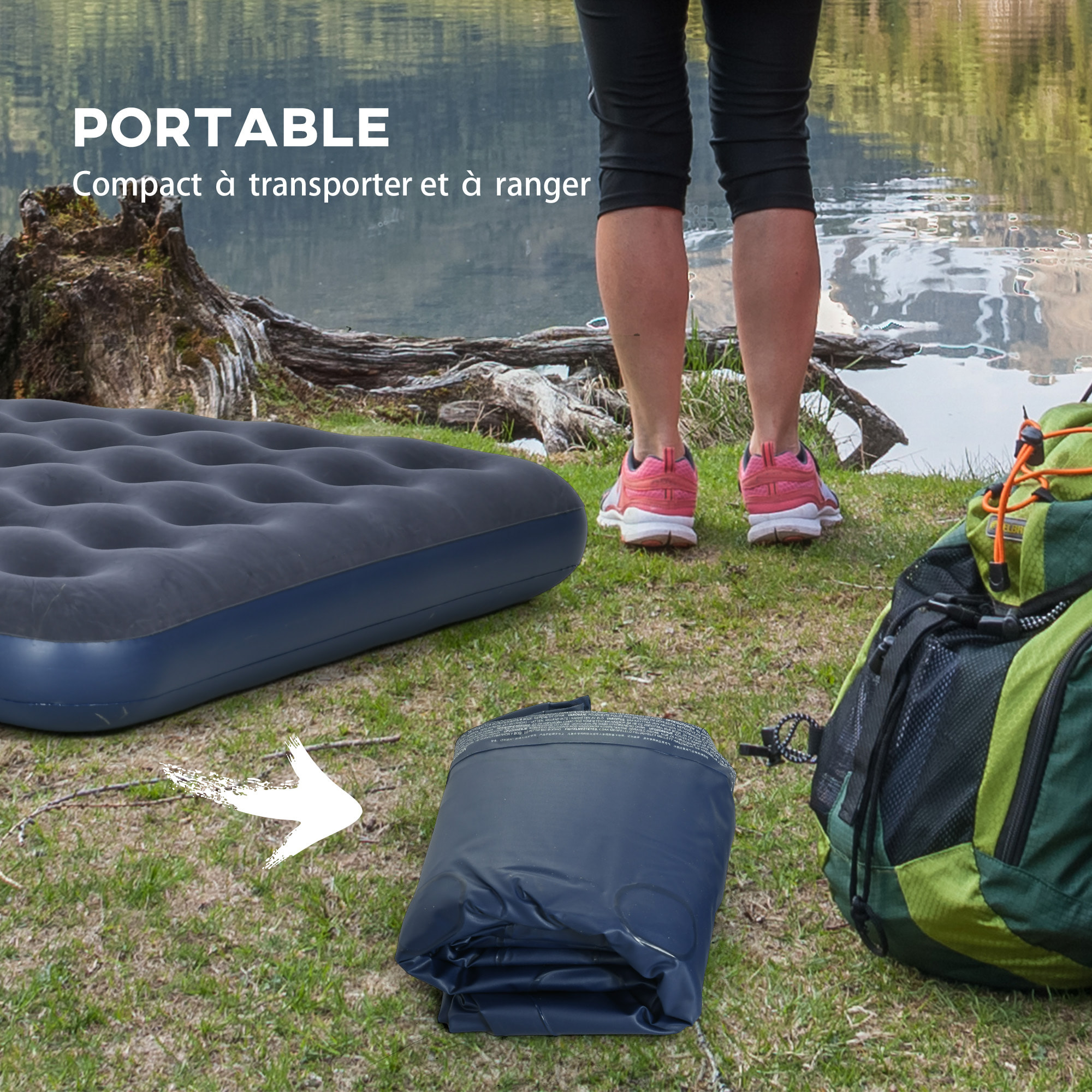 Matelas gonflable double lit pneumatique 2 places avec gonfleur manuel surface floquée bleu