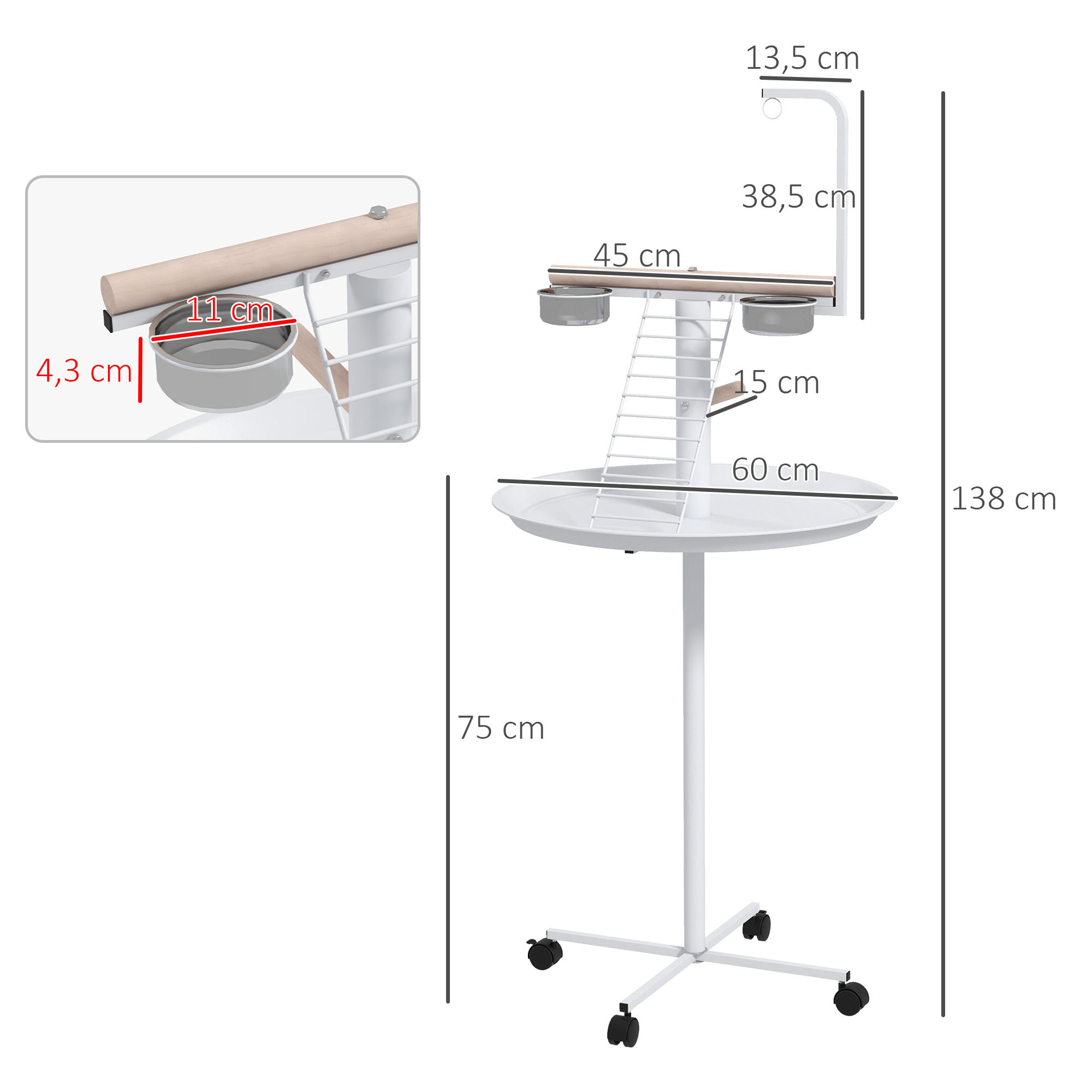 Perchoir sur pied pour perroquets, oiseaux - 4 roulettes - 2 mangeoires, 2 perchoirs, échelle, plateau acier