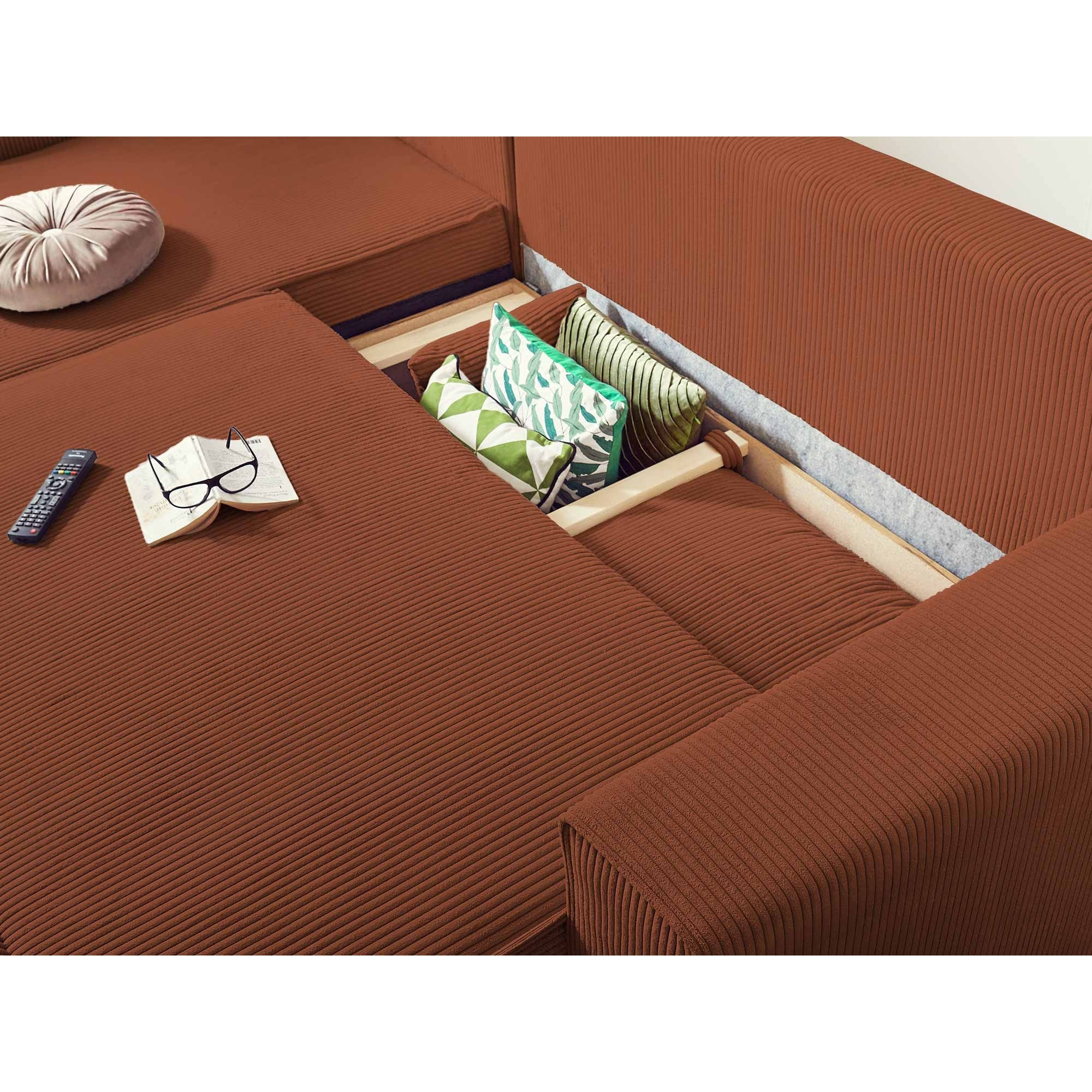 Dellia - canapé d'angle réversible convertible - avec coffre - en velours côtelé - 4 places - Terracotta
