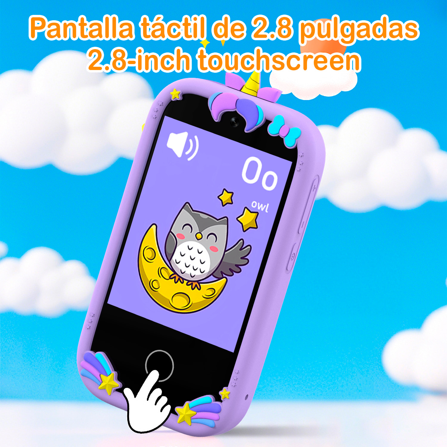Teléfono infantil con 18 juegos y aprendizaje en inglés, con cámara dual y grabación de video. Pantalla táctil de 2,8". Sin posibilidad de SIM o llamadas. Funda de silicona de unicornio.