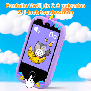 Teléfono infantil con 18 juegos y aprendizaje en inglés, con cámara dual y grabación de video. Pantalla táctil de 2,8". Sin posibilidad de SIM o llamadas. Funda de silicona de unicornio.