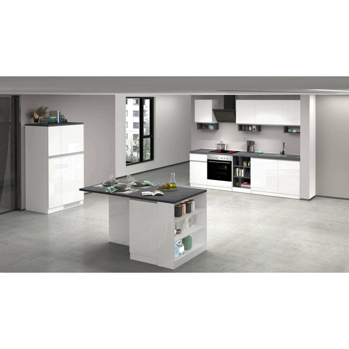 Cucina completa Balme, Set con dispensa, Mobile per cucinotto, Kit blocco con isola e portafrigo, 100% Made in Italy, Bianco lucido e Ardesia