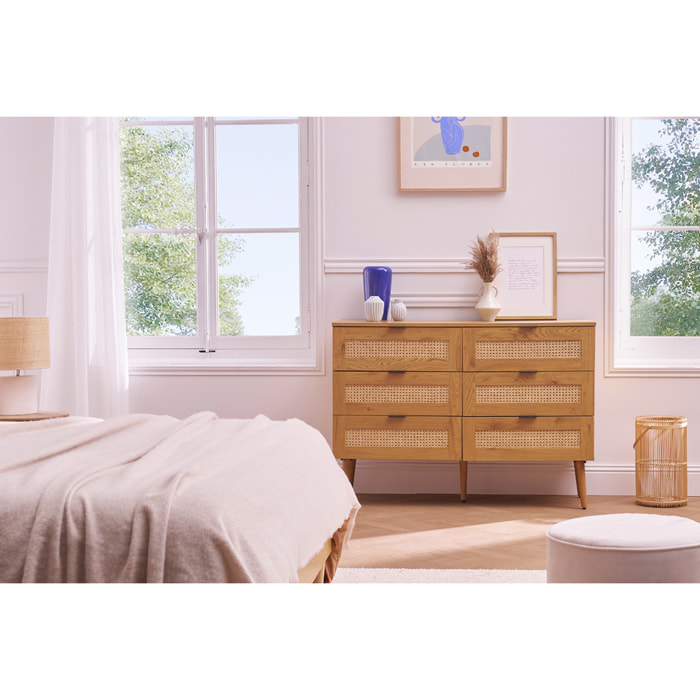 Commode finition bois clair, cannage en rotin et métal noir 6 tiroirs L120 cm MANILLE
