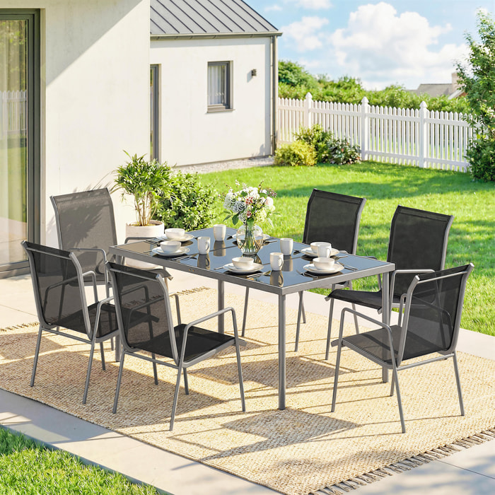 Conjunto de Mesa y Sillas Jardín de 7 Piezas, Muebles Jardín Exterior con Mesa de Vidrio Templado, 6 Sillas Apilables Transpirables, Marco de Metal Resistente a la Intemperie, Negro y Plata