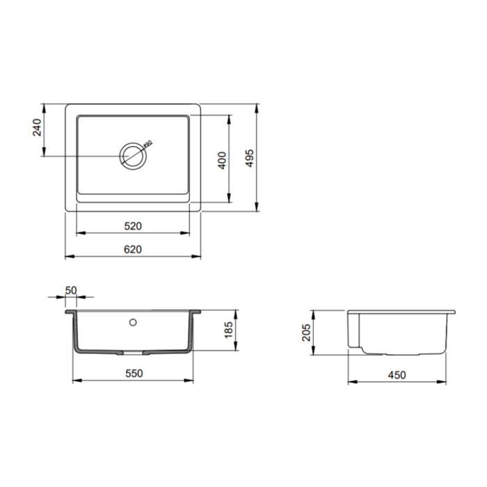 Infinitio 62x49,5x20,5 cm évier de cuisine timbre d'office en céramique, avec trop-plein, sans siphon, blanc (SATSINK6249)