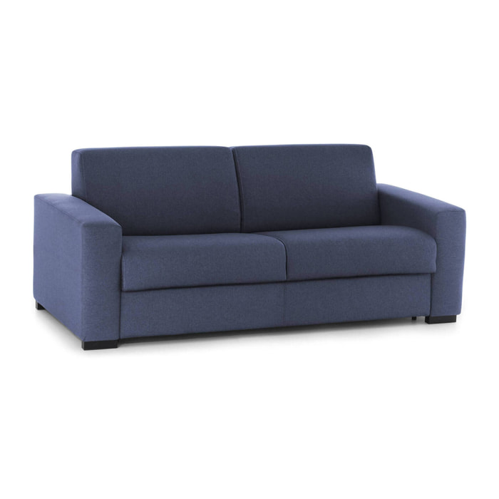 Divano letto 2 posti Alcatraz, Sofà Soggiorno con apertura girevole, Tessuto imbottito, Braccioli slim, 100% Made in Italy, Cm 160x95h90, Blu