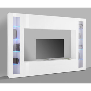 Parete attrezzata da soggiorno, Made in Italy, Base porta TV e pensili e scaffali, Set salotto moderno, cm 260x30h180, colore Bianco lucido, con luce LED blu e due vetrine