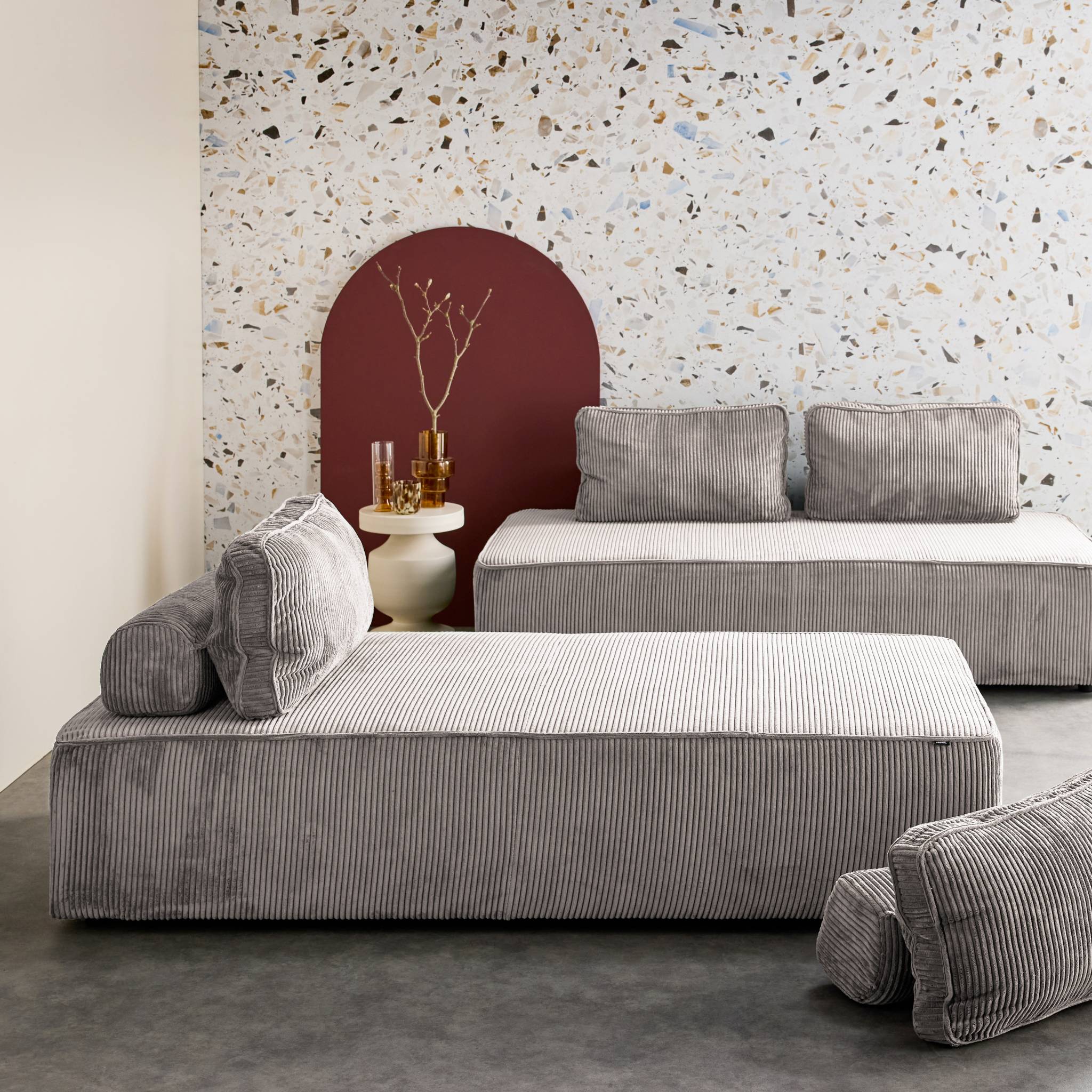 Lot de 2 chauffeuses LAO 2 places pour canapé modulable velours côtelé gris clair. L 180 x P 90 x H 78cm