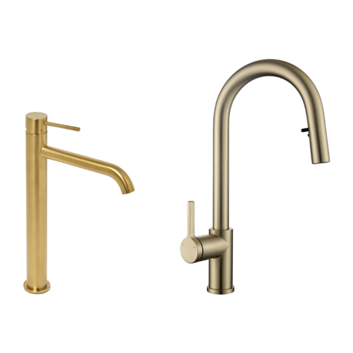 Aurum set mitigeur lavabo haut inox + mitigeur cuisine Ceramia Timeless acier inoxydable, douchette extractible (SATBA285BG)