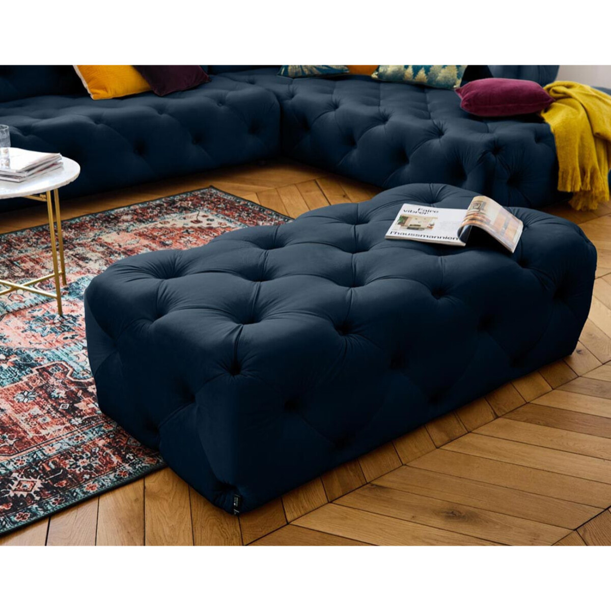 Gallata - pouf Chesterfield - en velours - Bleu
