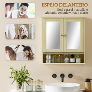 Armario de Baño con Espejo, Armario de Pared con 2 Puertas, Estante Abierto, Estante Ajustable, Mueble de Baño Colgar para Cocina, Salón, 56x13x58 cm, Natural
