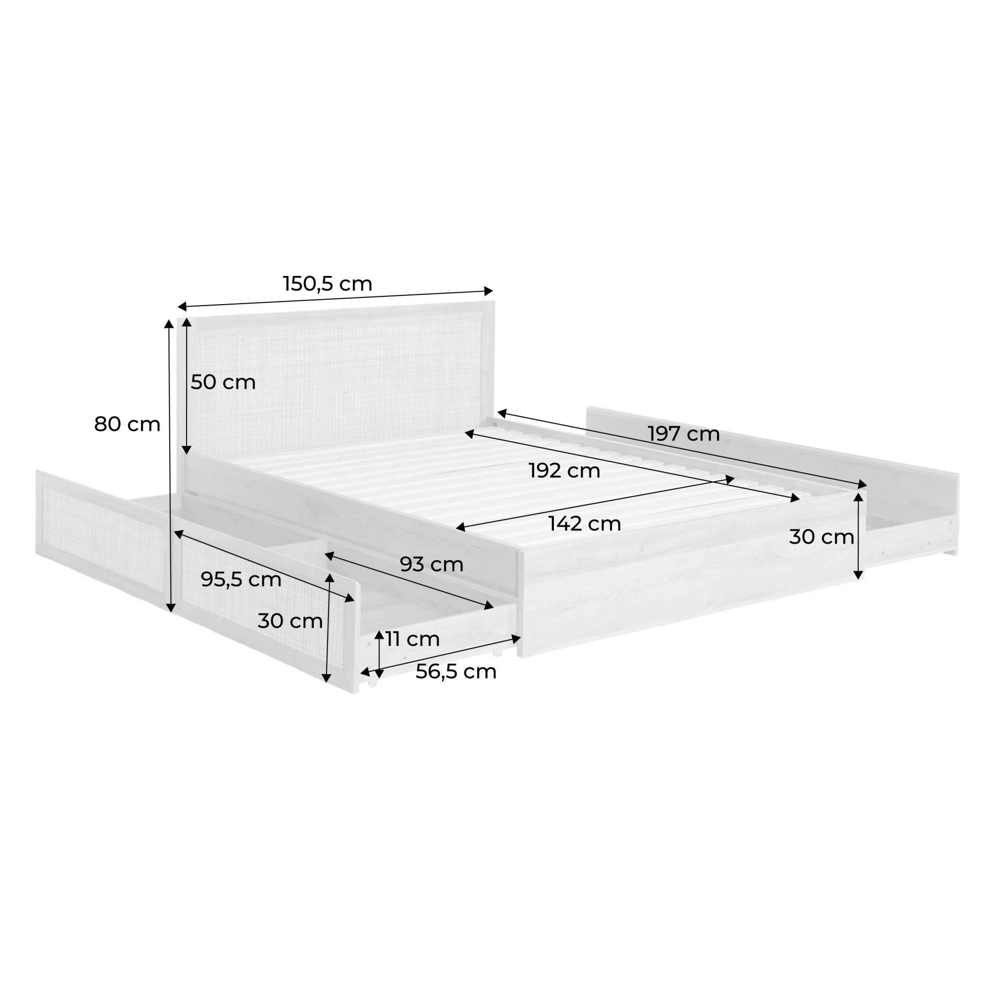 Lit bohème avec sommier à lattes et tête de lit 140 x 190cm + 4 tiroirs décor bois et cannage BOHÈME