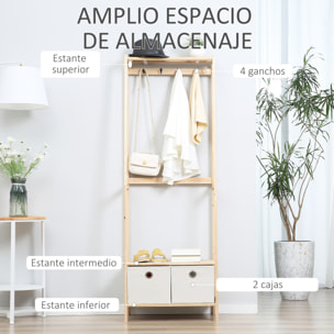 HOMCOM Perchero de Madera con Zapatero de 2 Estantes Perchero de Pie con 2 Cajones de Tela 4 Ganchos y Barra para Colgar Ropa Bolsas para Entrada Salón 58x36x168 cm Natural