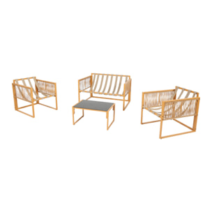 FORLI Salon de jardin 4 places effet rotin coussins blancs