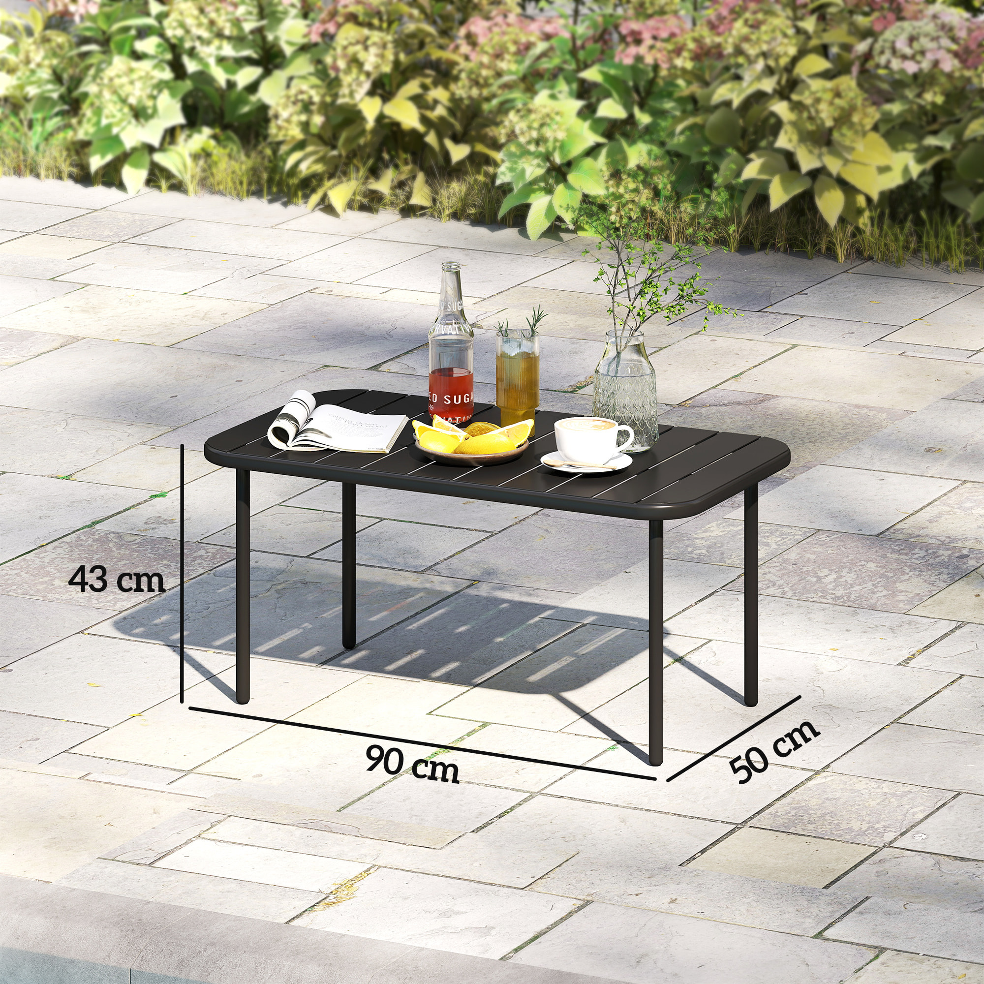 Table basse de jardin style néo-rétro rectangulaire arrondie métal noir