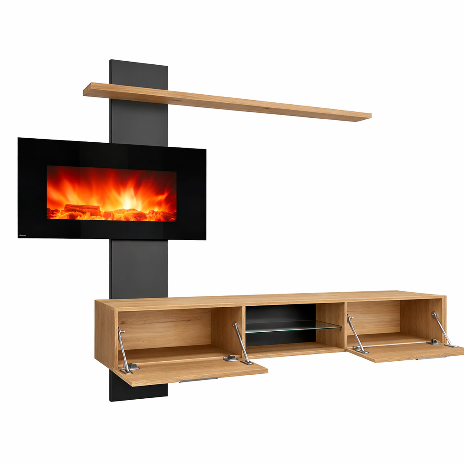 Parete Attrezzata Soggiorno Mobile Tv Biocamino Led Mensola Design Living Arredo Casa Contenitore Vetro Push Click 250x170x40 Cm Rovere E Antracite
