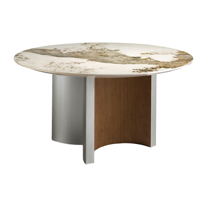Mesa comedor Angel Cerdá redonda con tapa fija de mármol porcelánico blanco con vetas en tonos tierra en acabado brillo 150x150x75cm