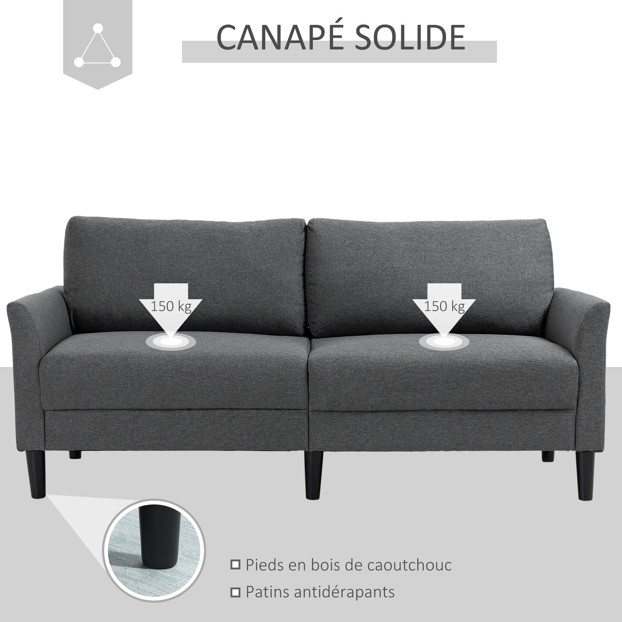 Canapé 2 places style contemporain assises larges profondes accoudoirs courbés piètement effilé bois hévéa noir polyester gris foncé