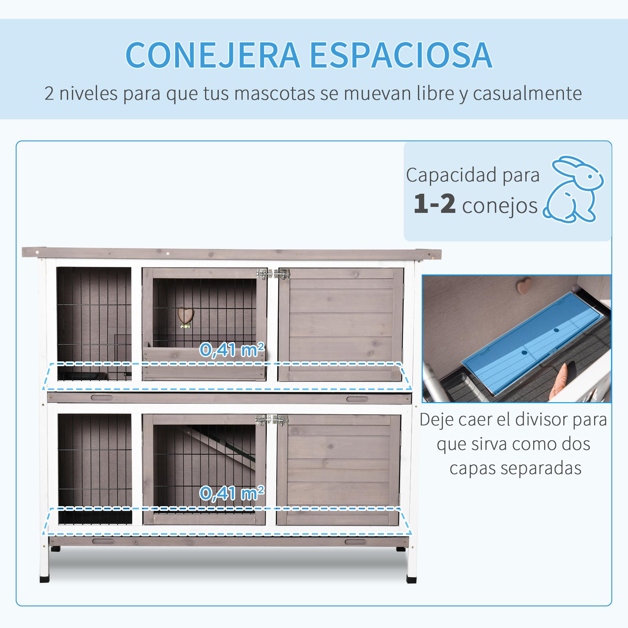 Conejera de Madera Exterior 2 Niveles con Techo Abrible y Comedero 122x50x101 cm