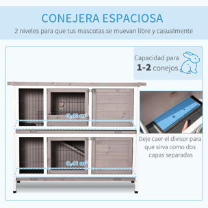 Conejera de Madera Exterior 2 Niveles con Techo Abrible y Comedero 122x50x101 cm