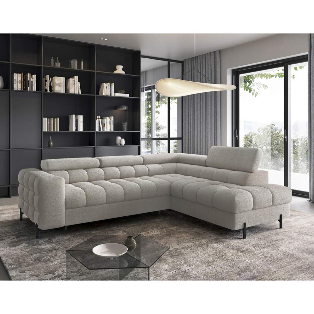 Elisa - canapé d'angle droit 5 places convertible avec coffre et têtières réglables en tissu bouclette - Taupe