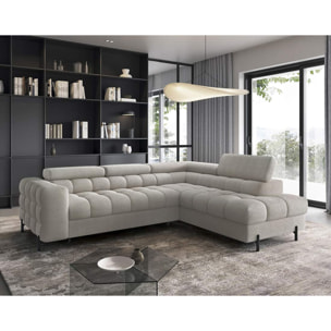 Elisa - canapé d'angle droit 5 places convertible avec coffre et têtières réglables en tissu bouclette - Taupe