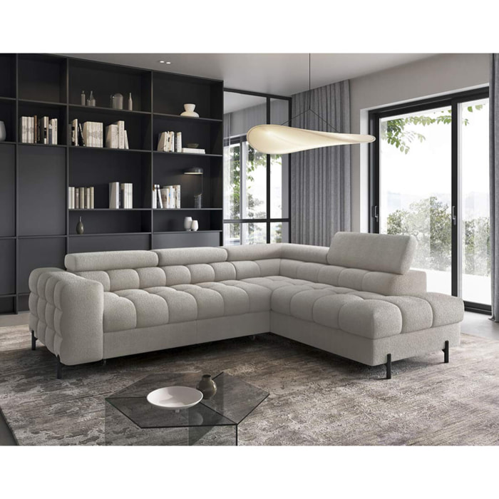 Elisa - canapé d'angle droit 5 places convertible avec coffre et têtières réglables en tissu bouclette - Taupe