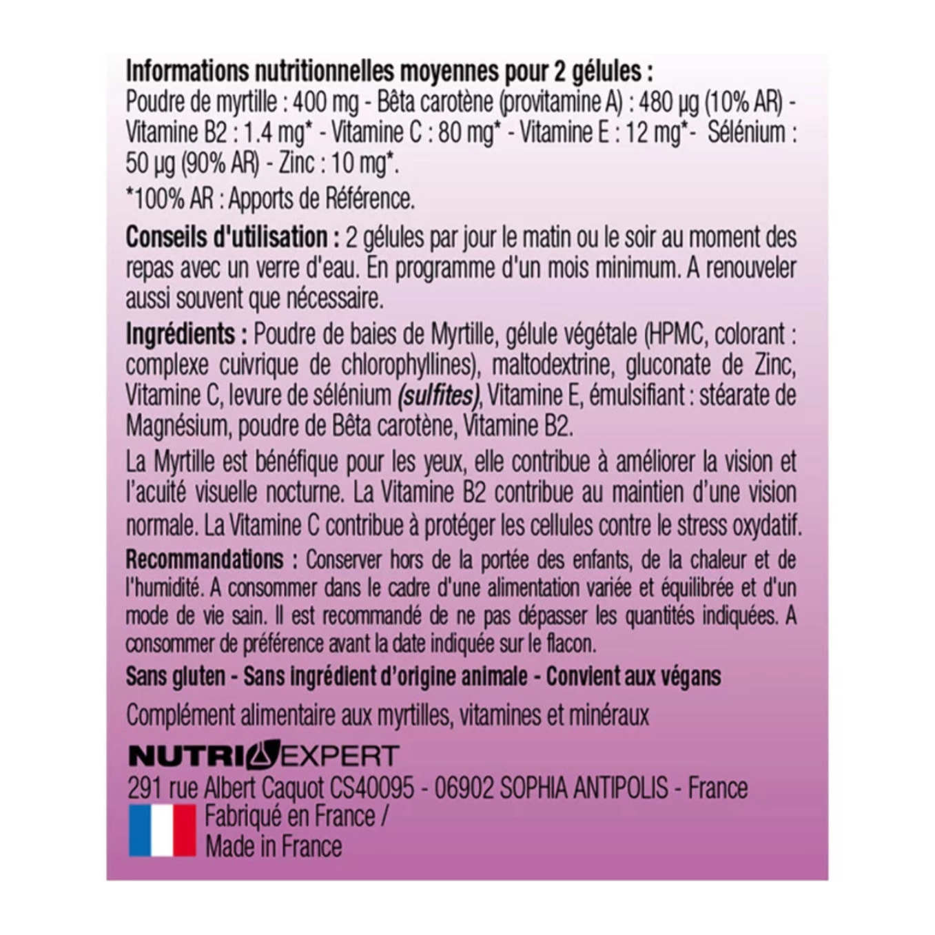 NUTRI EXPERT - Vision Plus - Confort visuel - A base de myrtille - 60 gélules végétales - Cure 30 jours - Marque Française - Lot de 3 produits